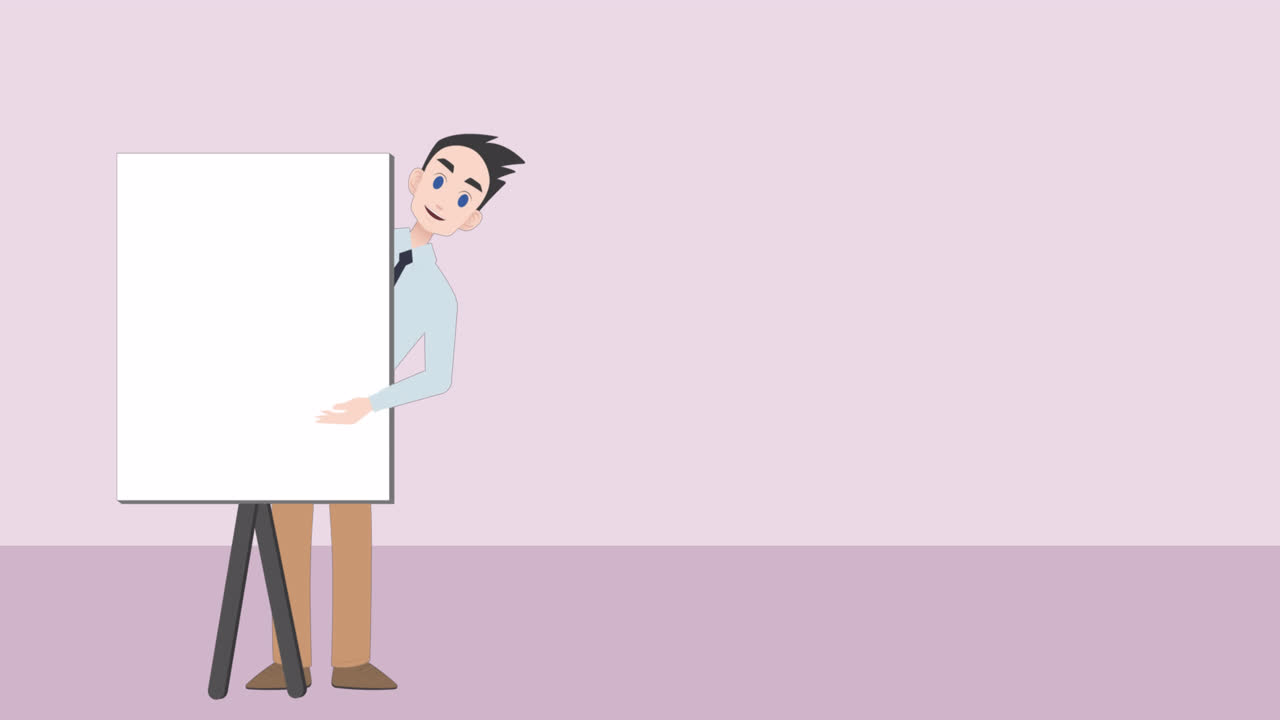 Animation of caucasian businessman making presentation on purple background