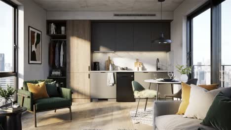 modern urban living: a stylish apartment interior showcasing a contemporary kitchen and cozy living area with panoramic city views