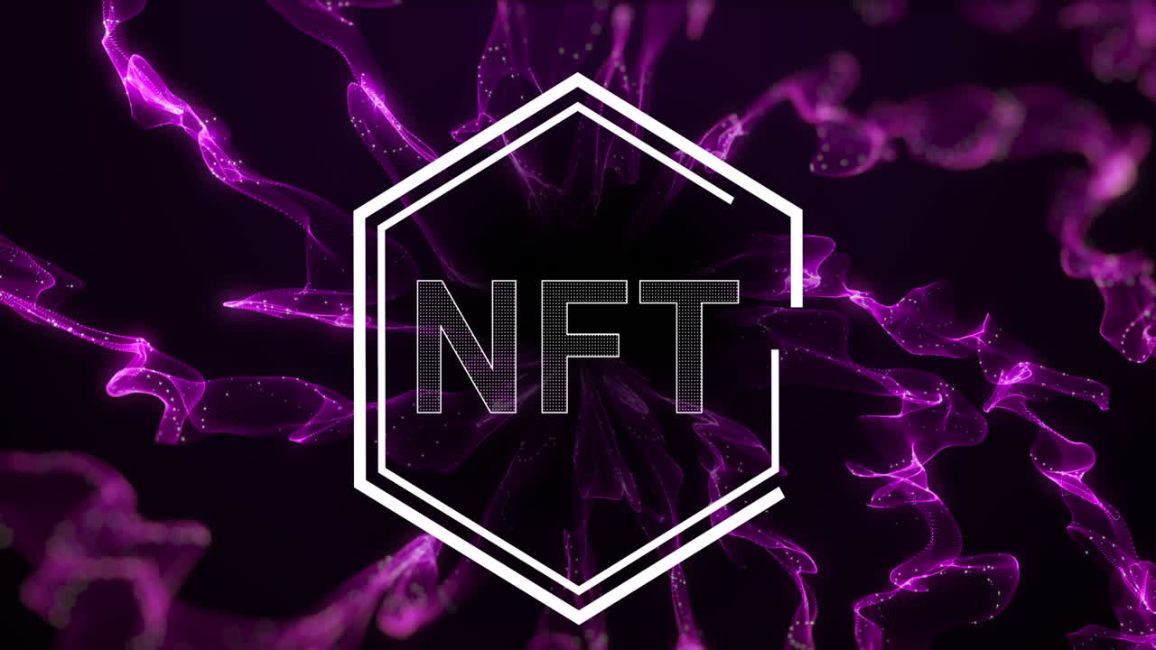 Animazione di NFT in un esagono su sfondo nero con onde viola