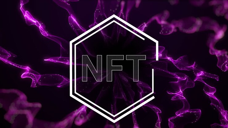 Animation of nft in hexagon over black background with purple waves
