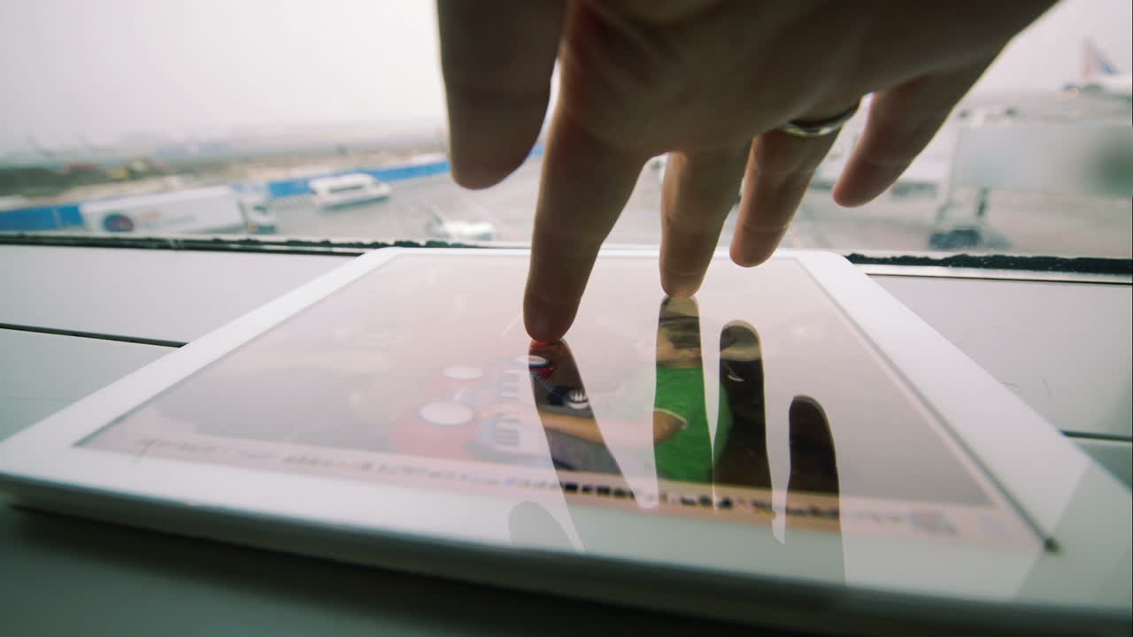 mirando las fotos en la tableta en el aeropuerto