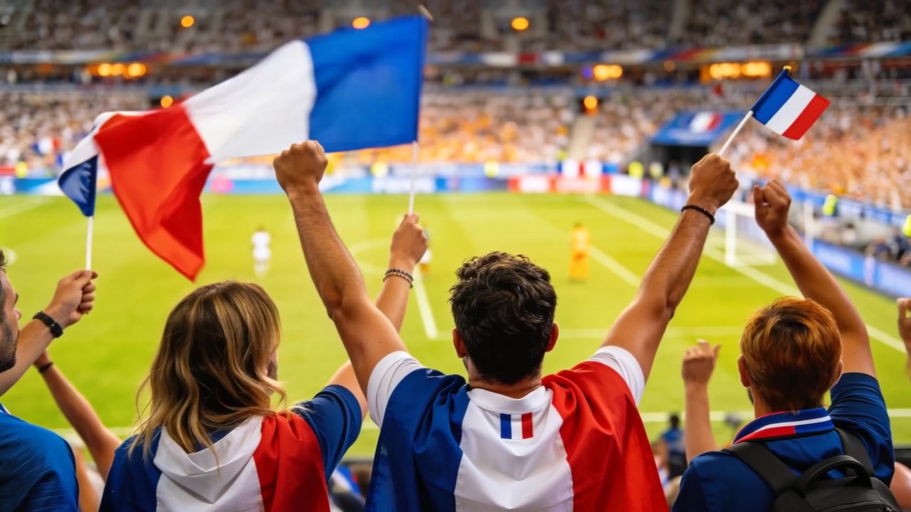 Três torcedores acenando, respondendo ao jogo em campo nas arquibancadas, usando capas tricolores e acenando bandeiras