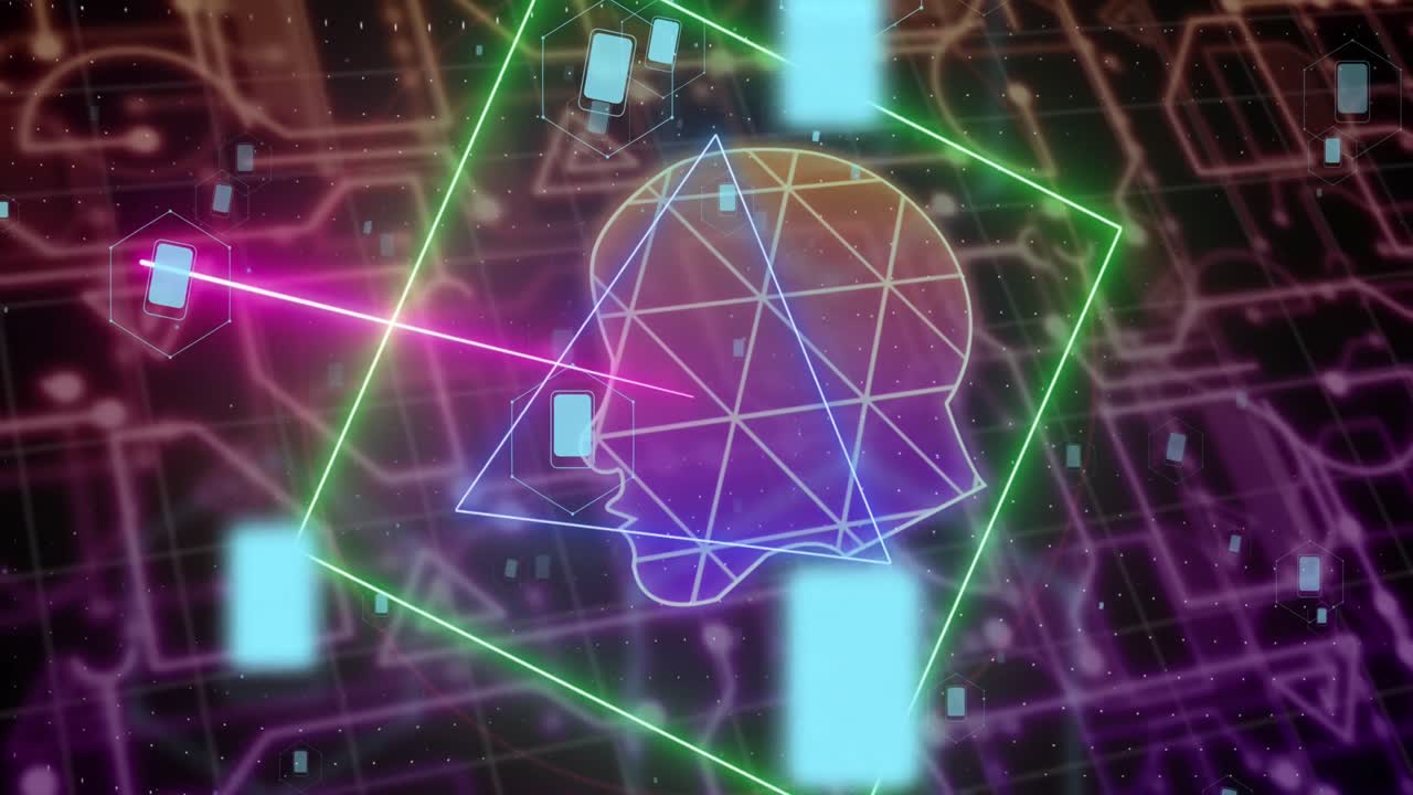 animación del rostro humano en formas geométricas y rectángulos caídos sobre un fondo abstracto