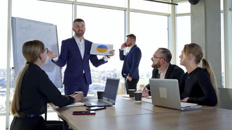 group of business partners have meeting in modern office. people in suits talking about new project.