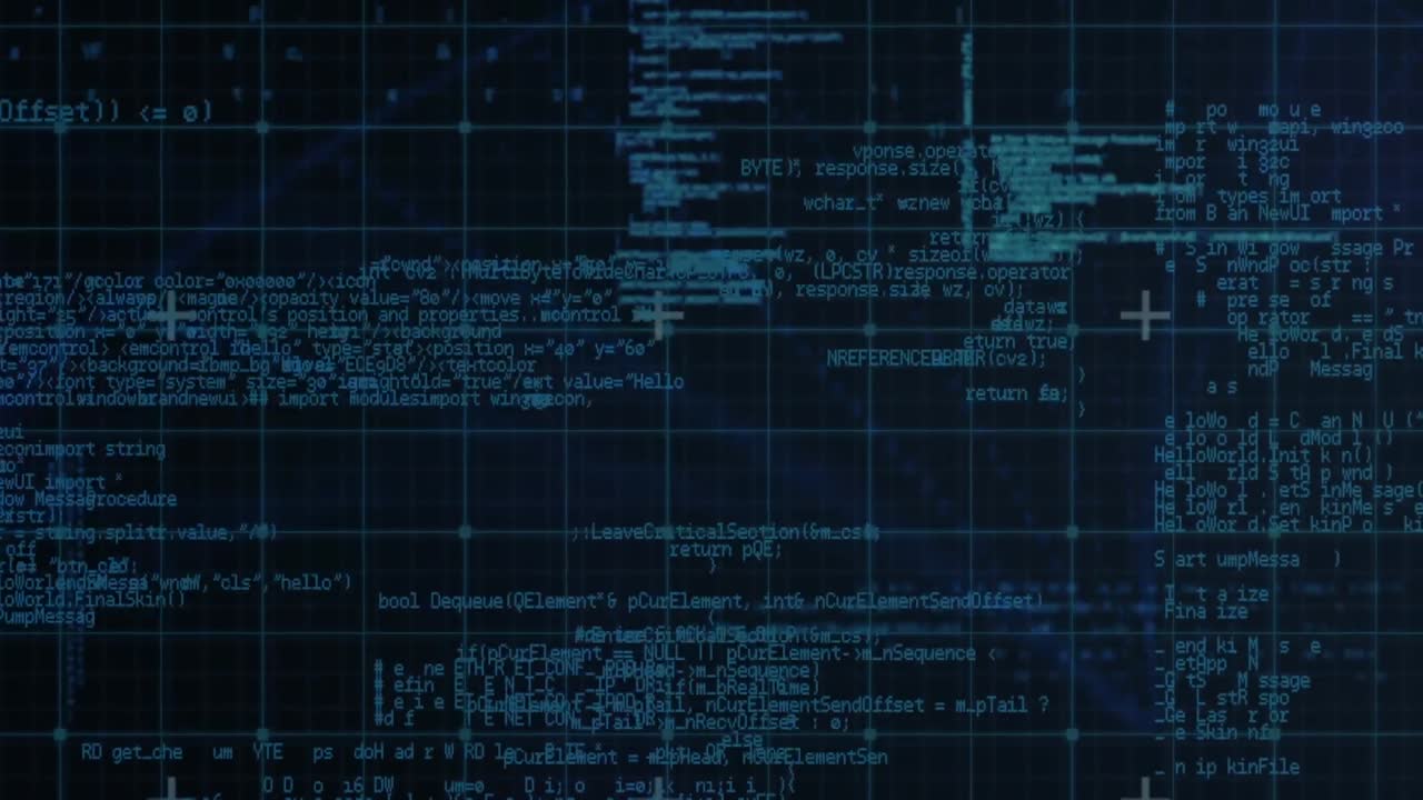 Animation of blue grid over processing data, on dark blue background