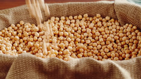 chickpeas being poured into a burlap sack