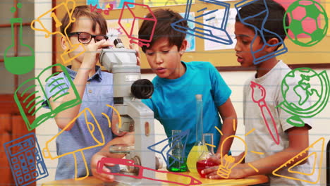 children using microscope and beakers over colorful science and education animation