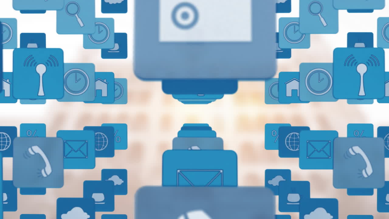 흐릿한 배경에서 이메일 및 통신 아이콘을 애니메이션화합니다.