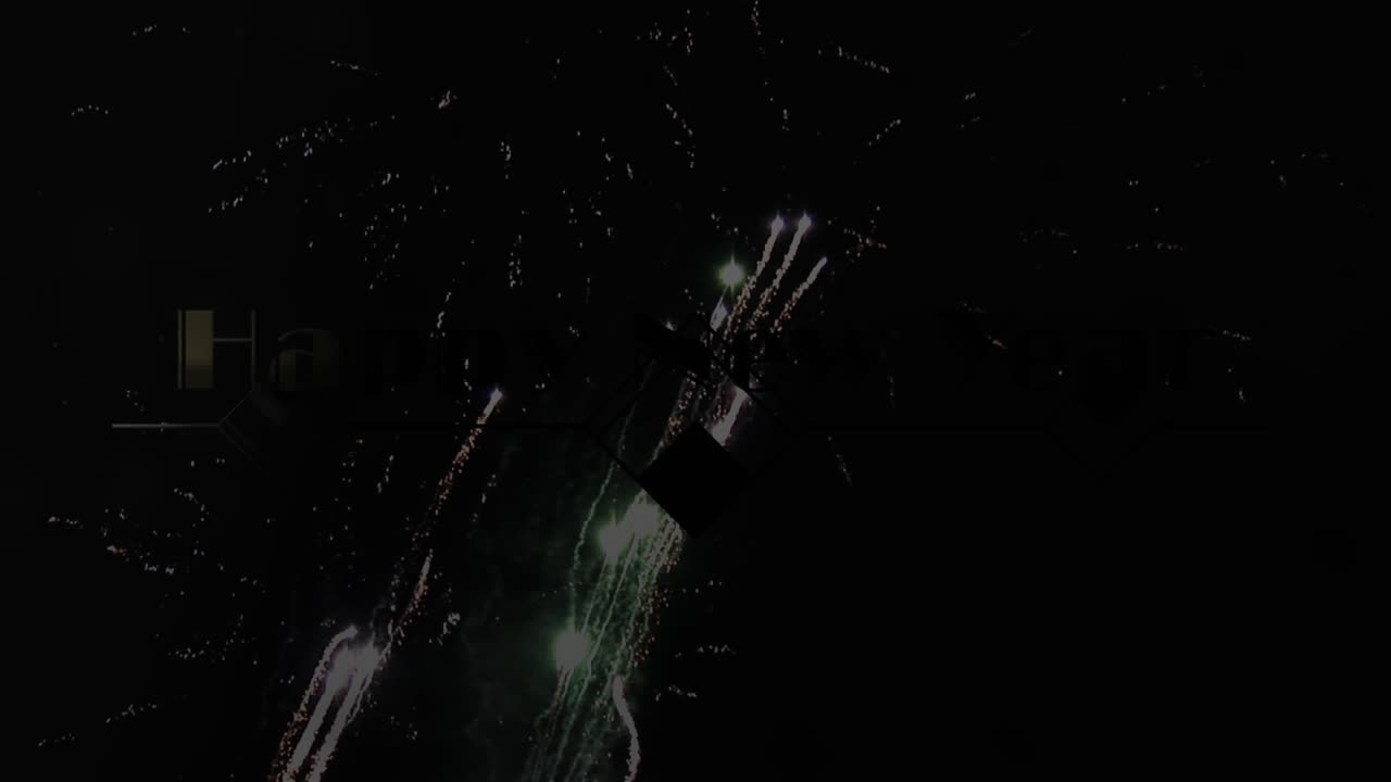 анимация светящегося золота с текстом "счастливого нового года" с фейерверками на черном фоне