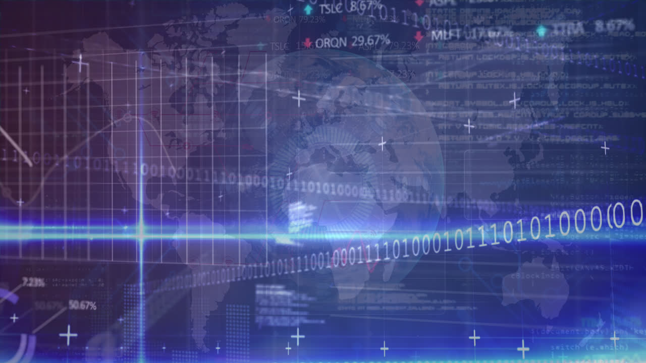 데이터 처리의 애니메이션과 파란색 배경의 지구