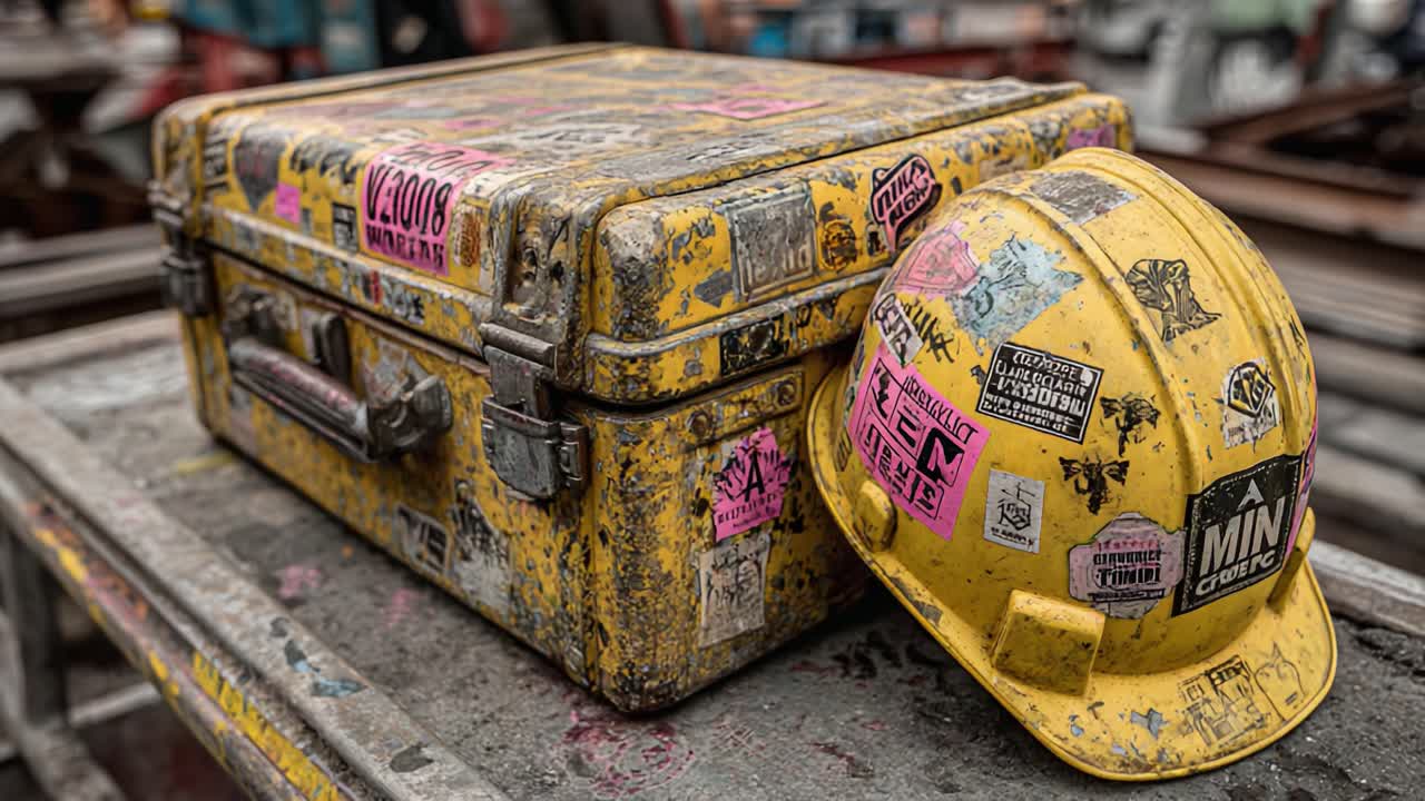 A Sturdy, Colorful Toolbox and Hard Hat Highlight the Vibrant Life of Construction Projects with Their Worn Stickers and Unique Character