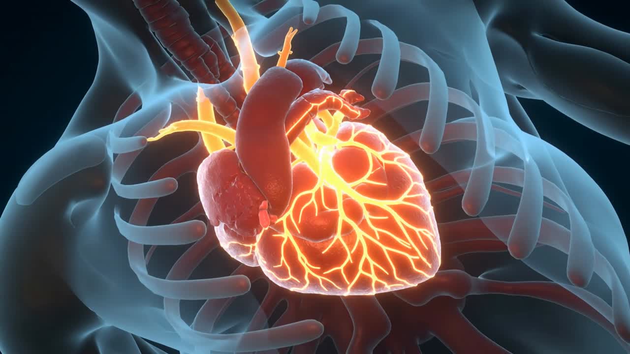 Cuore 3D rotante dopo uno spostamento, che illumina coronarie e aorta nel torace, mostrando l'anatomia con le costole.