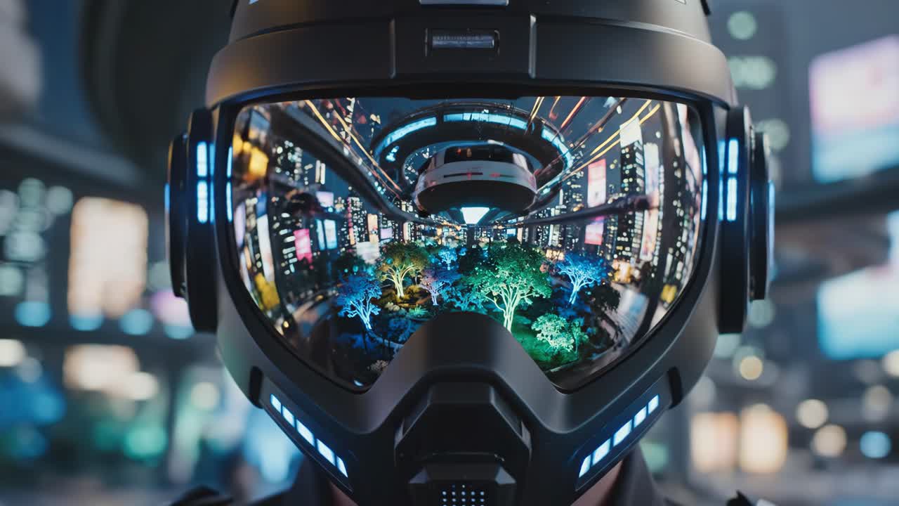 Futuristic helmet reflecting a virtual cityscape