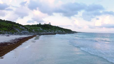 Tulum-Mexico,-Caribbean-Sea,-Beach,-Sunset,-Aerial-view