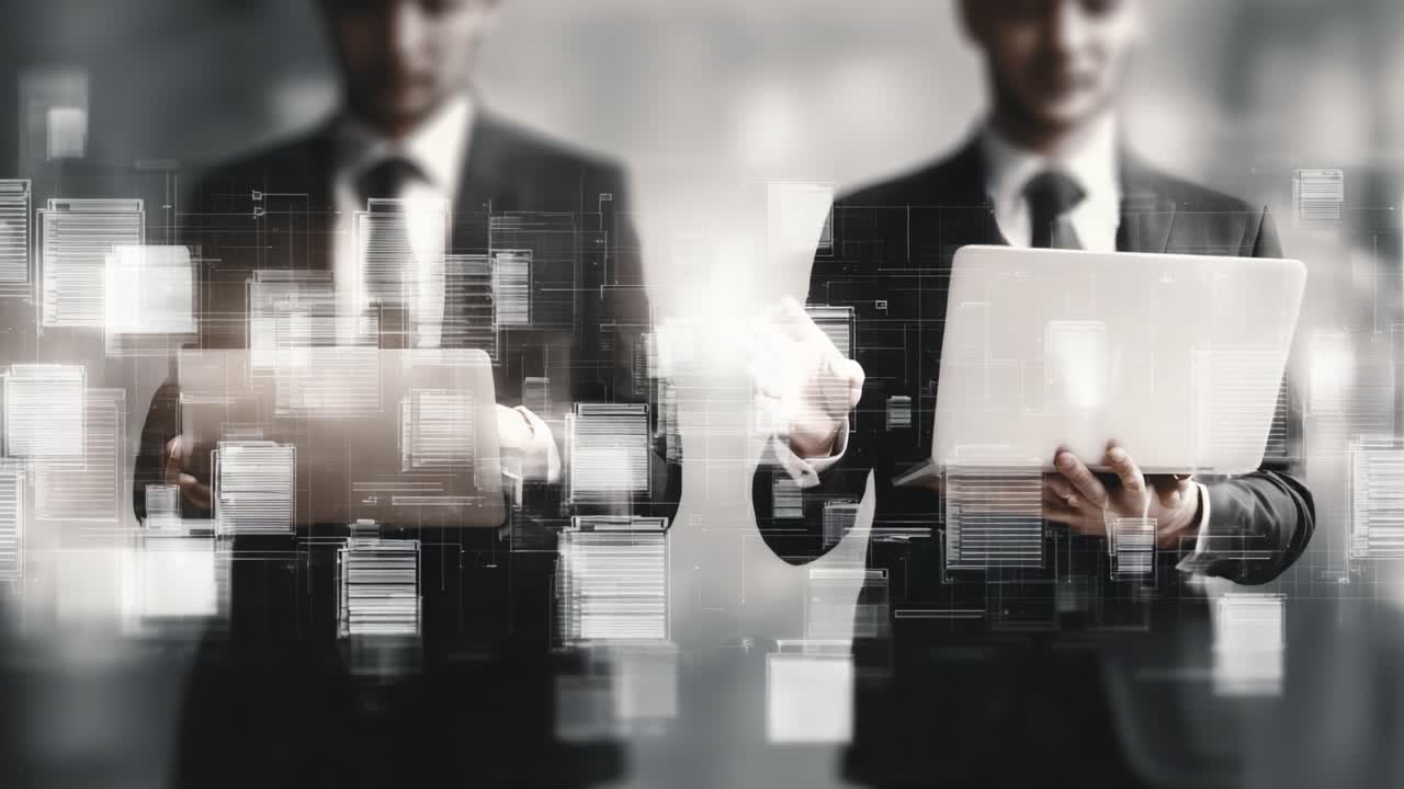 Two Business Professionals Engaged in Data Management and Technology Interaction, Utilizing Laptops to Access Information and Analyze Visual Data in a Modern Digital Environment