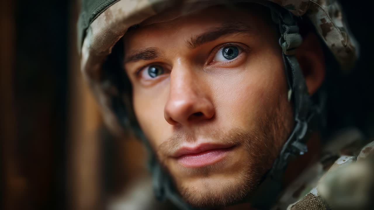 Intense Portrait of a Soldier in Combat Gear Capturing Emotion and Determination Amidst the Challenges of Duty and Service