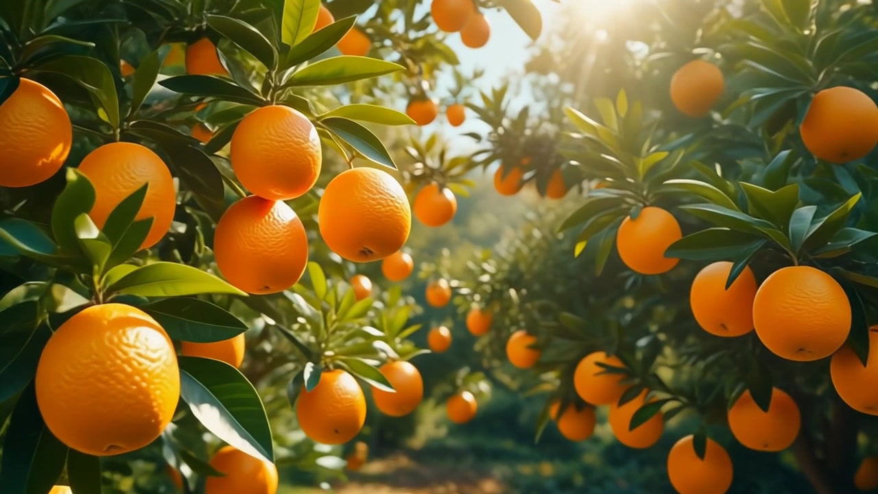 Arance mature appese ai rami in un frutteto soleggiato