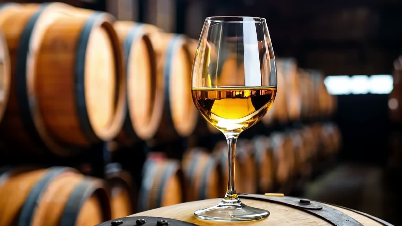 Un bicchiere di vino seduto sopra un barile di legno