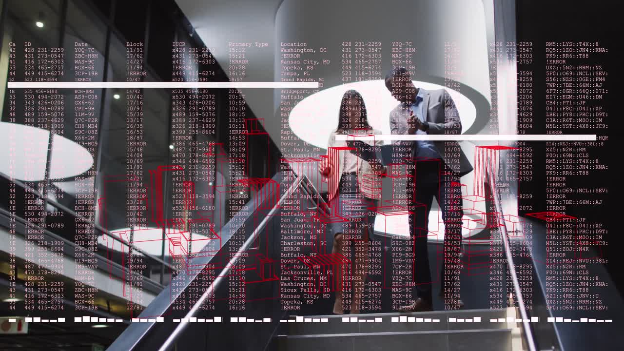 animación del procesamiento de datos financieros sobre diversas personas de negocios en la oficina