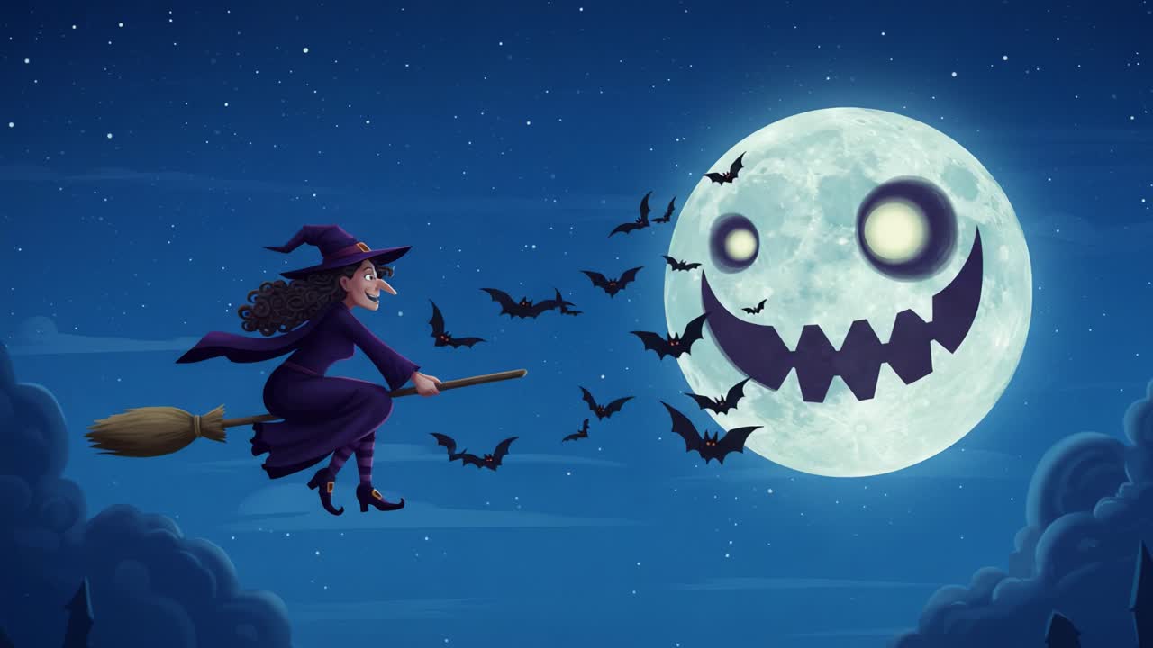 A whimsical witch flying through a night sky on her broomstick, accompanied by playful bats, as she approaches a large, smiling moon with an enchanting face