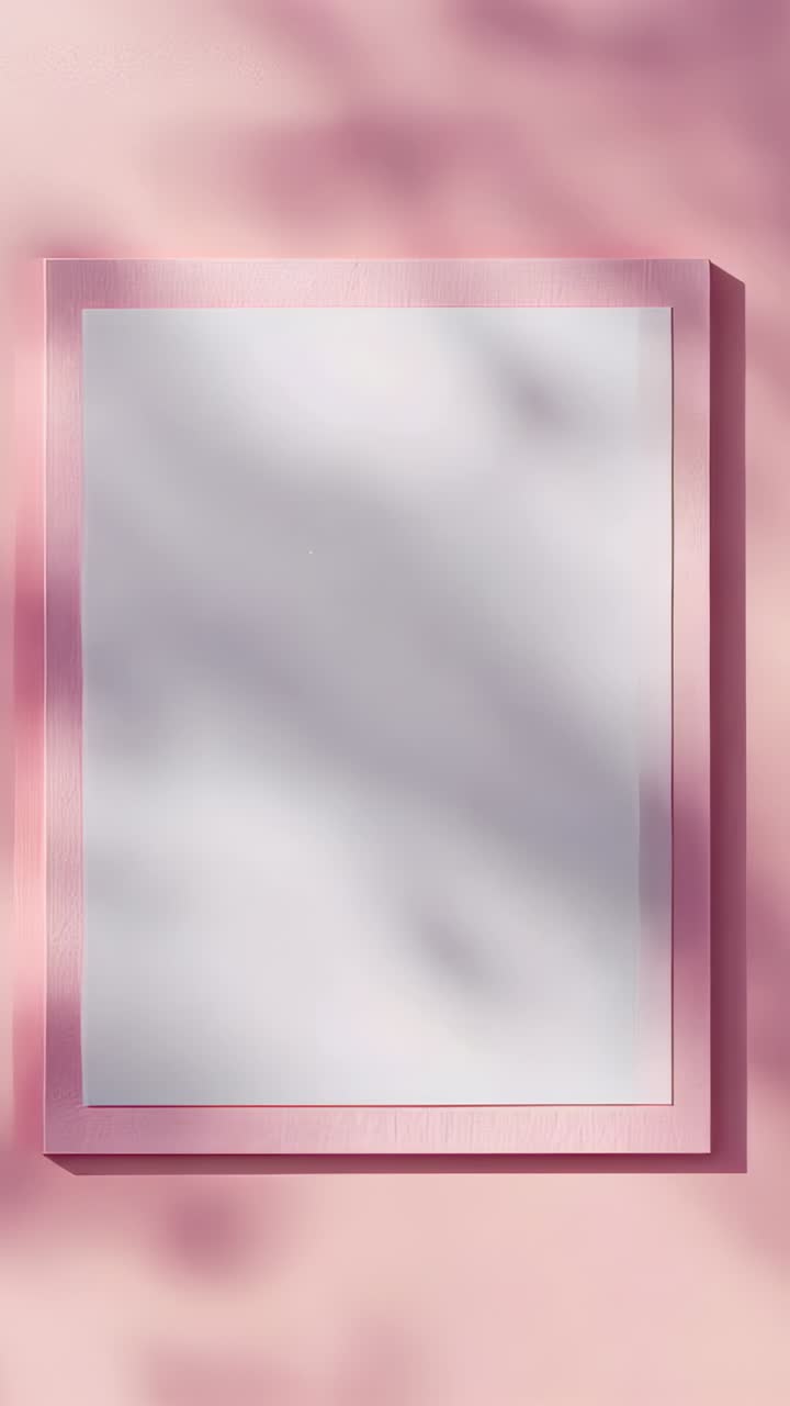 Vertical video: Shifting sun and breeze casting dappled shadows across pink-framed mirror on wall