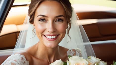 a woman in a wedding dress sitting in a car holding a bouquet of flowers