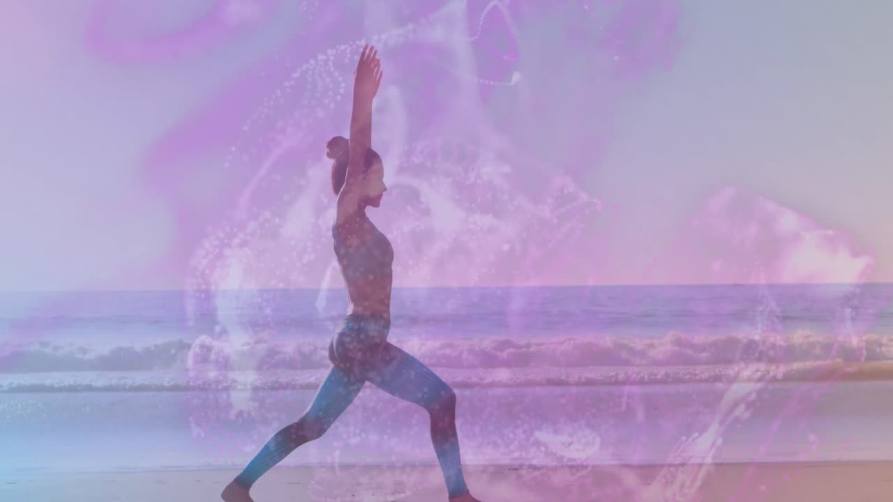 animación de ola sobre mujeres biraciales practicando yoga