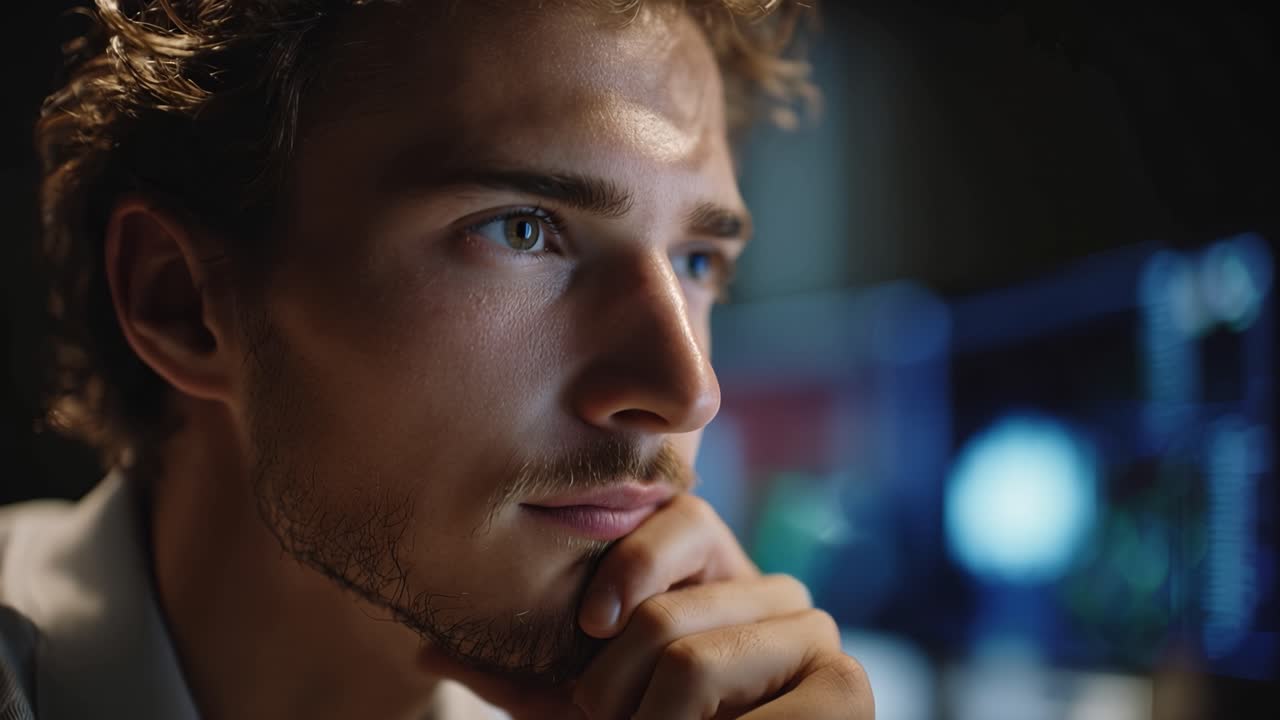 Joven Contemplativo Concentrado en la Pantalla, Absorto en sus Pensamientos Mientras Analiza Datos y Reflexiona sobre Decisiones en un Entorno con Poca Luz