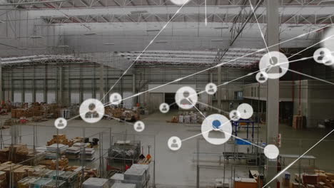 animation of network of people icons over goods storage warehouse