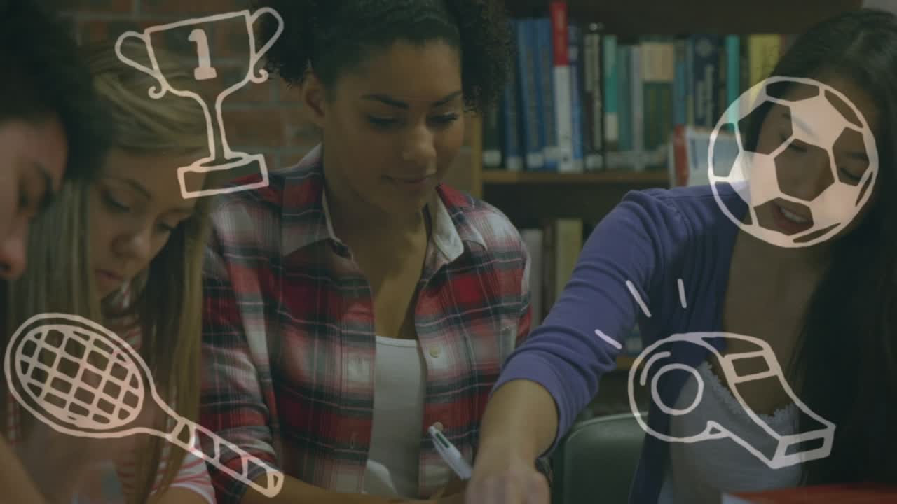 Animation of school icons over diverse students reading
