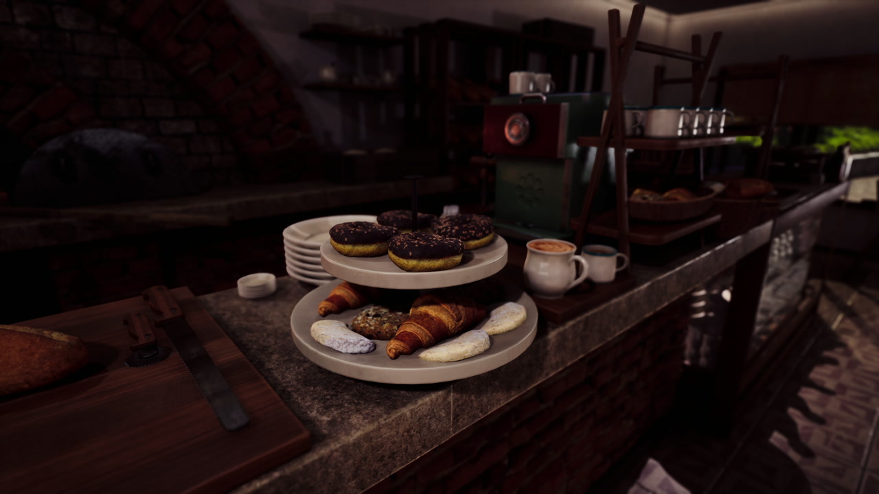 Pastries and coffee on a rustic counter in a cozy cafe