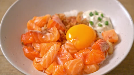 japanese rice with fresh salmon raw and pickled egg - asian food style