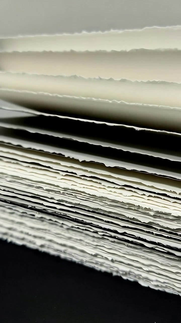 Vertical video: Moving camera revealing deckled paper stack on dark table, showcasing torn edges