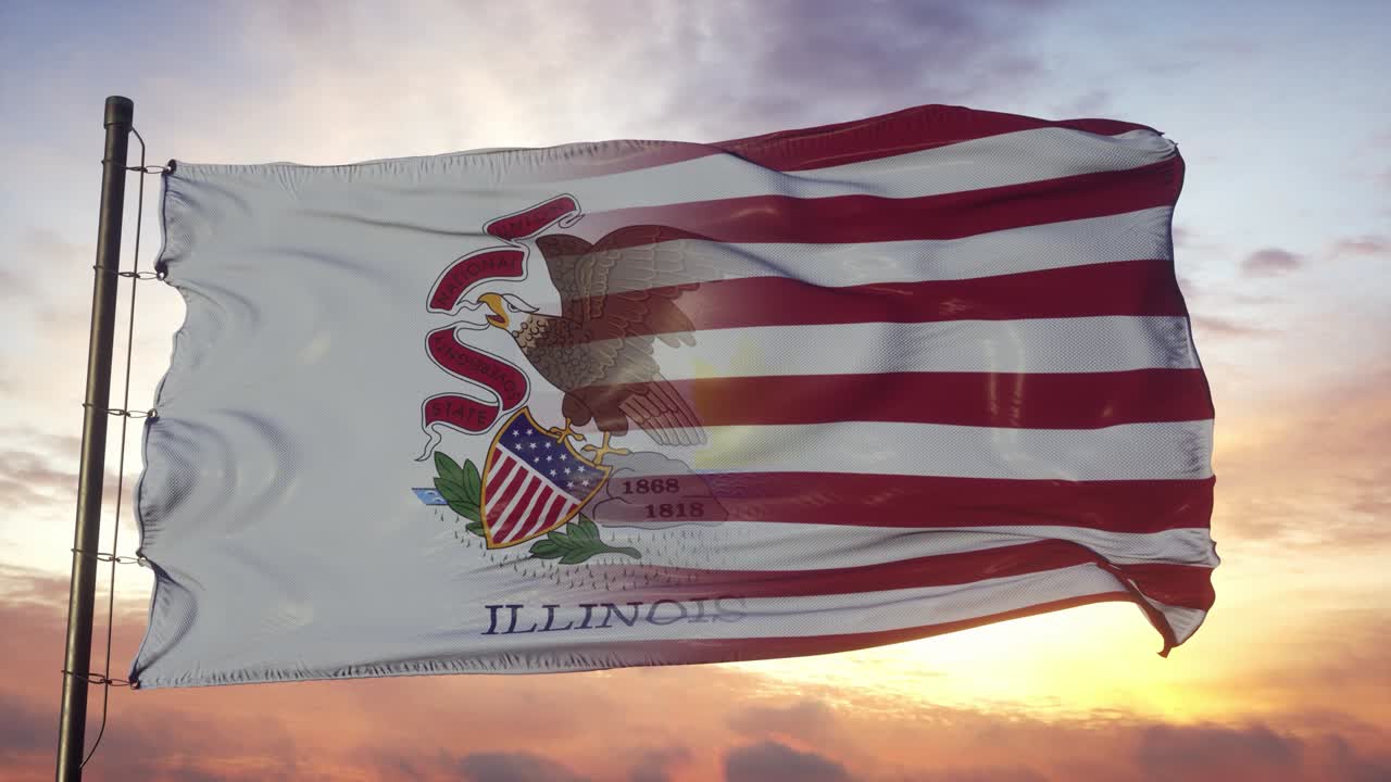 Bandera de Illinois y Estados Unidos en el asta de la bandera. Estados Unidos e Illinois bandera mixta ondeando en el viento