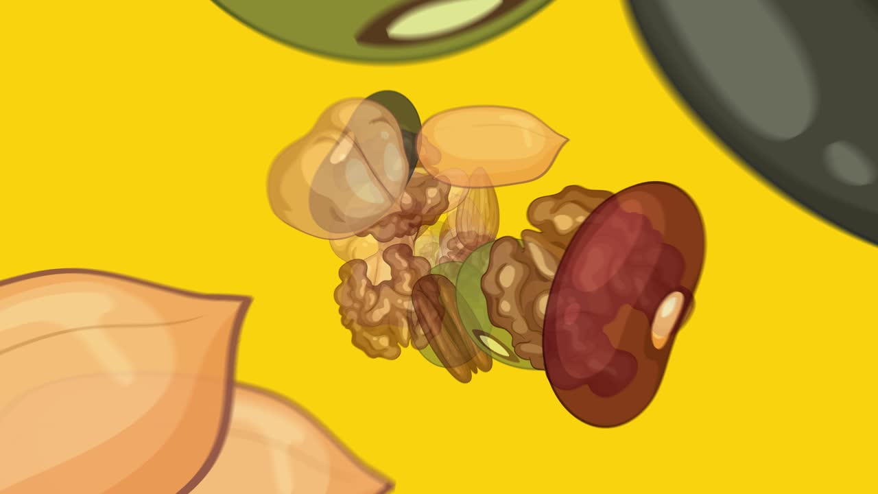 Animated assortment of beans and nuts rotates and swirls dynamically against a bright yellow backdrop, using smooth transitions and vibrant flat design