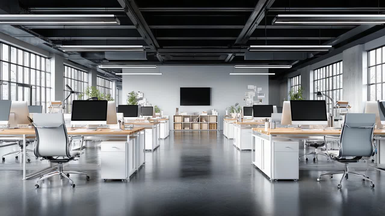 A Modern, Spacious Office Workspace Featuring Multiple Desks with Monitors, Ergonomic Chairs, and Large Windows for Natural Light in a Productive Environment
