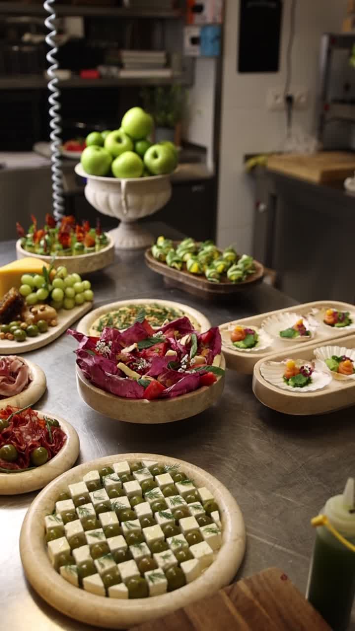 Tavolo pieno di antipasti gourmet e cibo fresco in una cucina