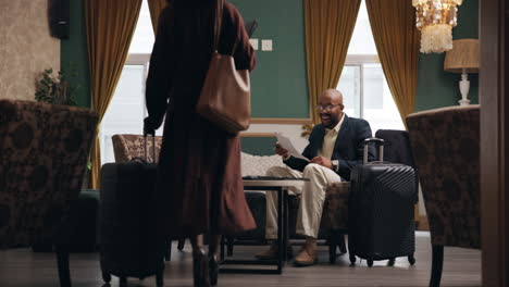 business meeting in hotel lobby