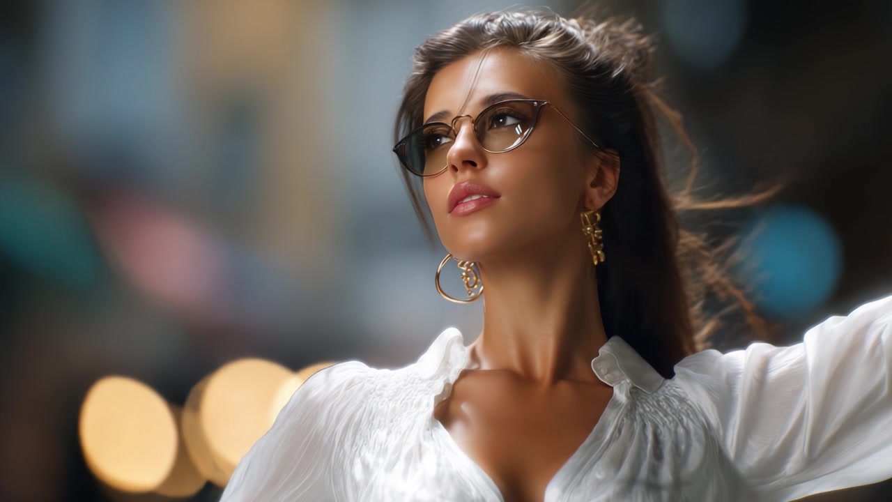 Una donna sicura di sé con occhiali da sole alla moda e orecchini eleganti emana glamour e compostezza in un vivace contesto urbano, mettendo in mostra moda e bellezza moderne.