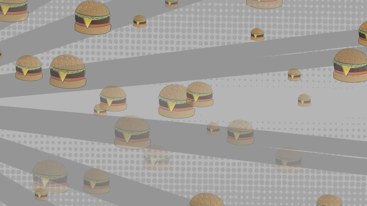 ⁇  바탕에 회전하는 회색 줄무 ⁇ 와 점 위에 떨어지는 치즈버거의 애니메이션