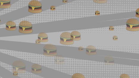 animación de hamburguesas de queso que caen sobre rayas grises rotativas y puntos sobre fondo blanco