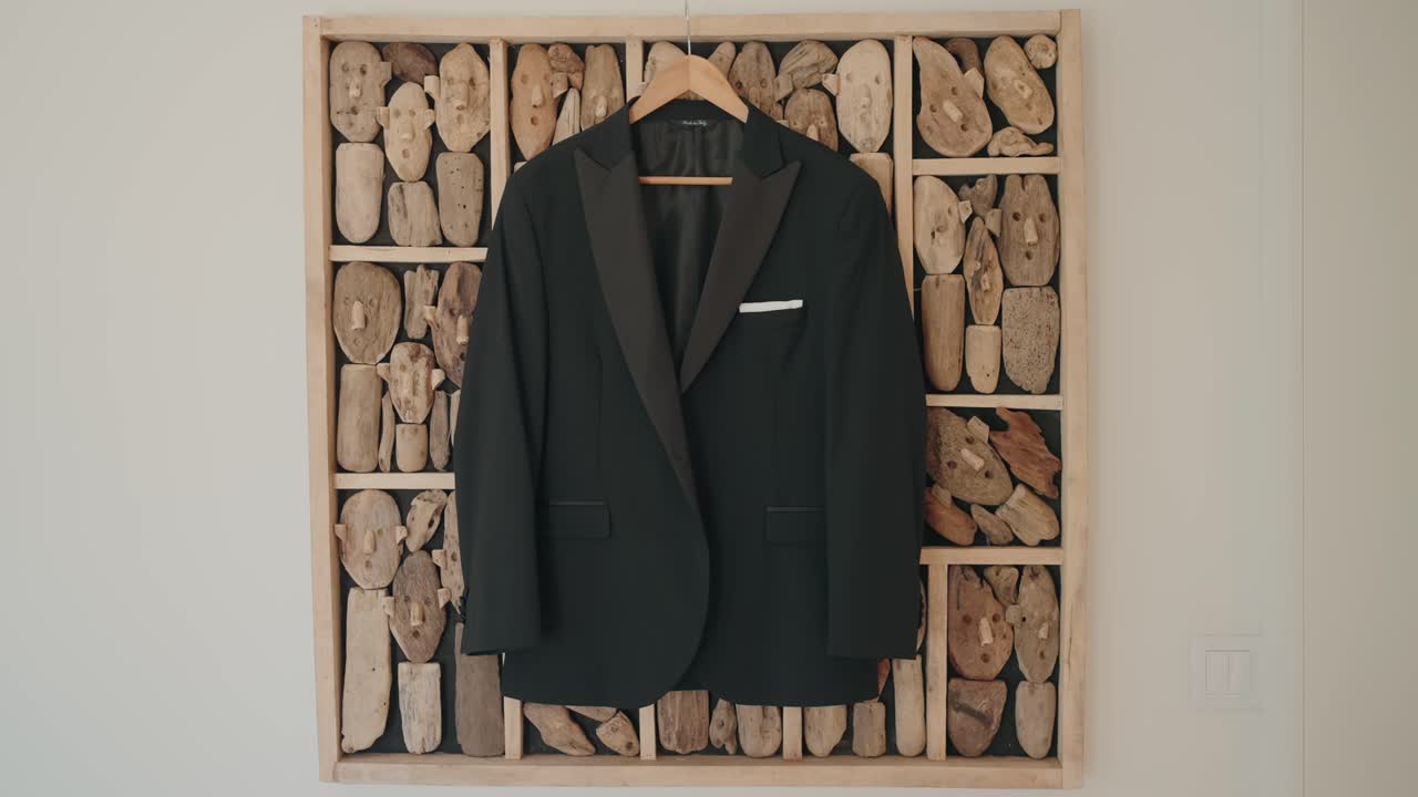 Elegante giacca da abito da sposo con revers in raso appesa ordinatamente prima della cerimonia