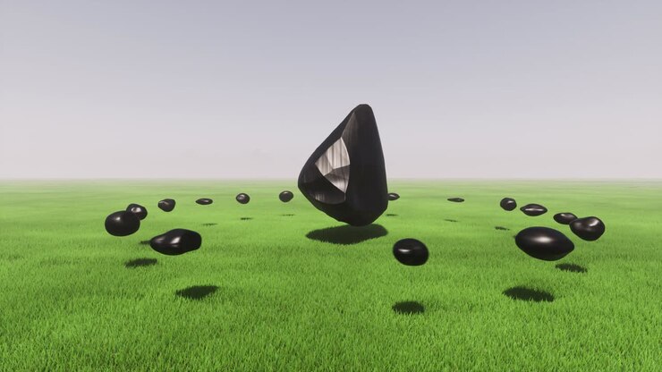 UFO black stones float field green grass 4k