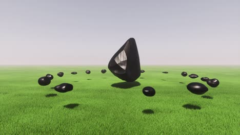 ufo piedras negras flotan campo hierba verde 4k