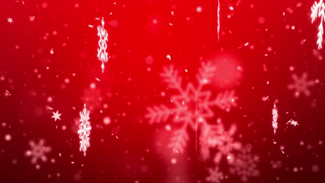 4k red snowflakes background. falling snow flakes loop animation.
