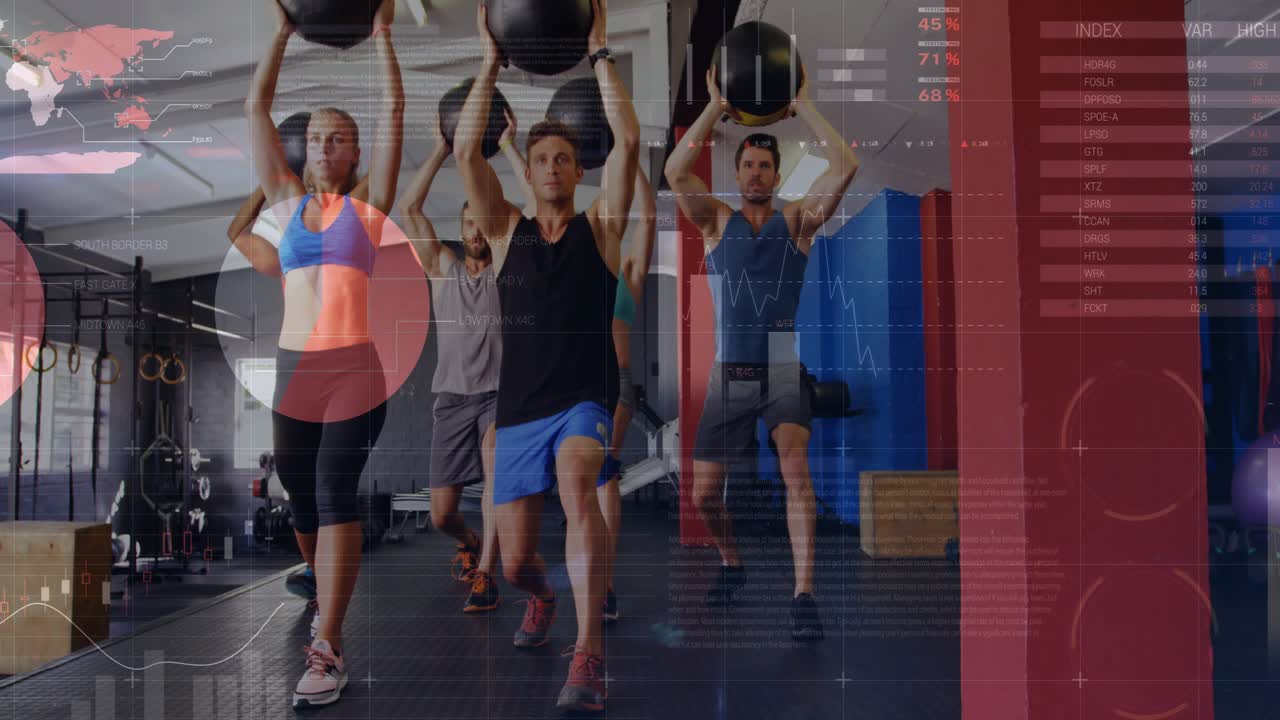 Front fitness trio following trainer cue, lunging holding med-ball high, charts appearing over trio