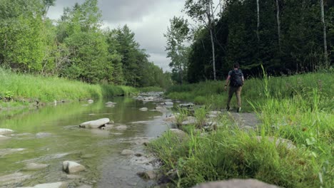 Hiker-searching-a-lush-green-river-bank-steps-onto-a-rock-in-a-forest-landscape