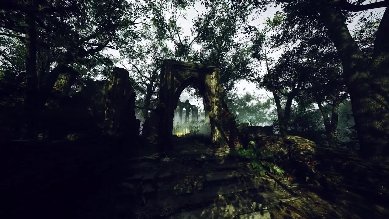 Un antico arco veglia su un paesaggio forestale mistico.