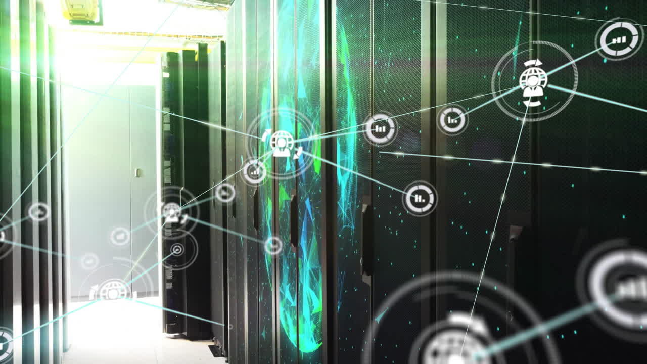 Network of connections and data processing animation over server room environment
