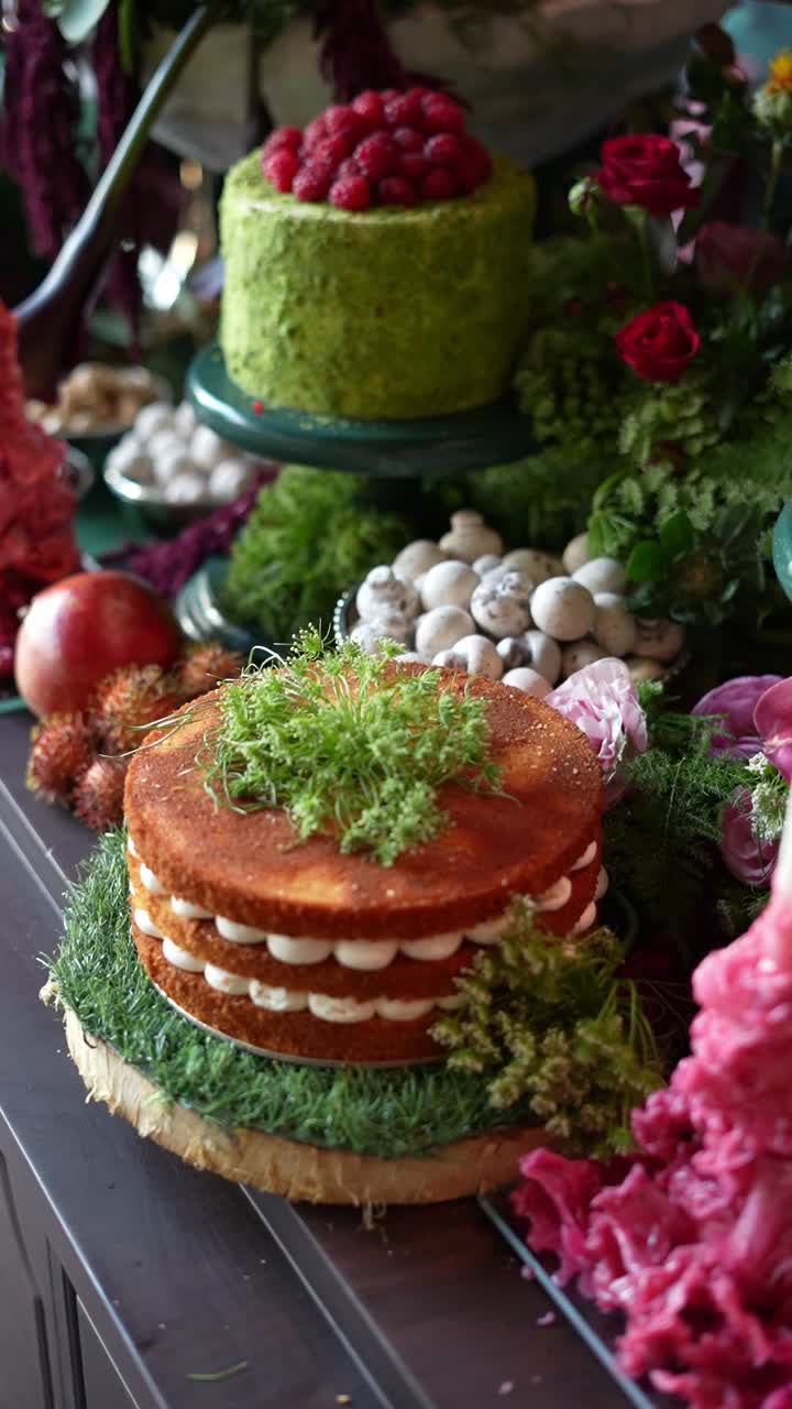 A table contains different dessert plates, high angle shot